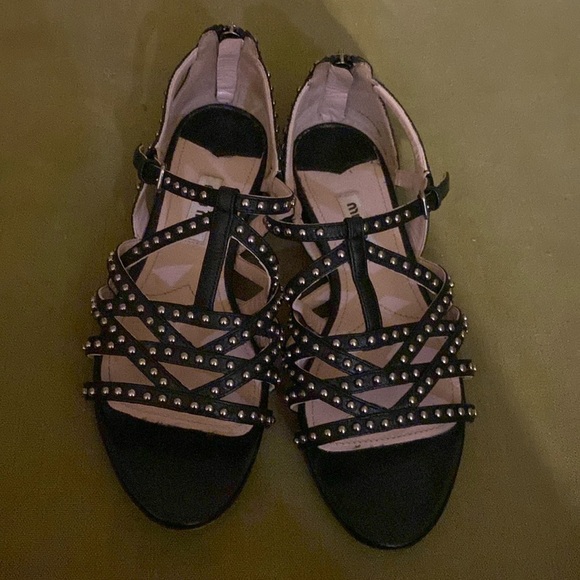 New. Miu Miu Studded Leather Strappy Sandals Black size 35/5 - Picture 1 of 6